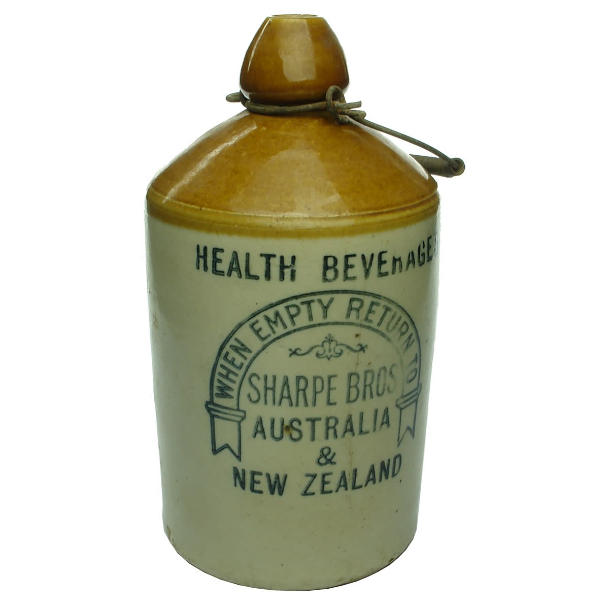 Demijohn. Sharpe Bros. Australia & New Zealand. Health Beverages. Horseshoe print.