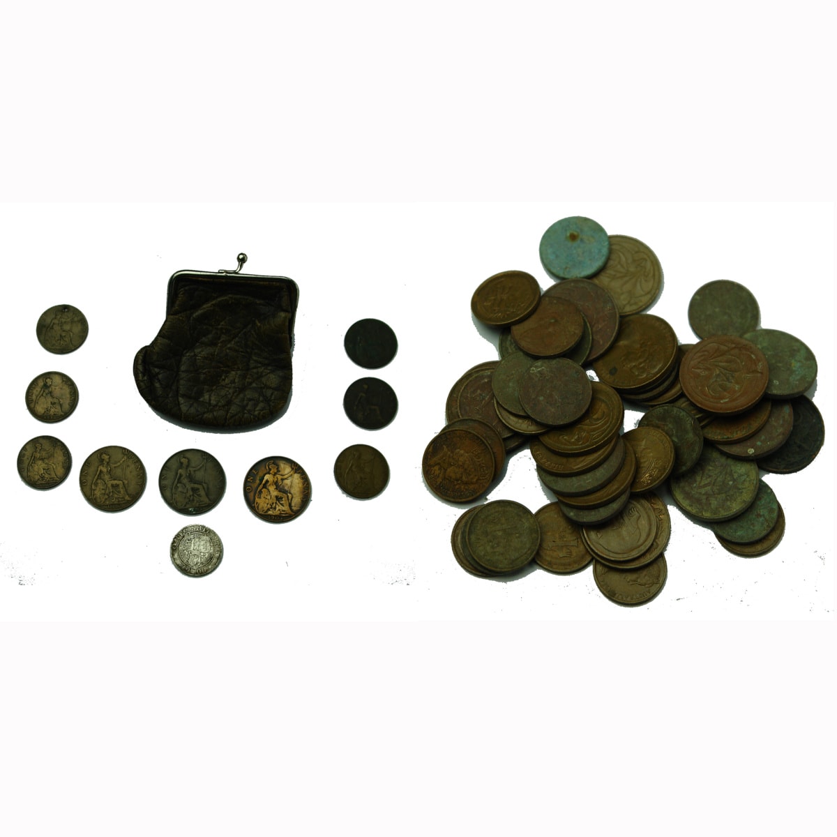 Numismatics. Small leather purse with 10 British coins, half pennies (1901, 1902, 1904, 1907, 1908, 1926), Pennies (1907 x 2, 1912) 1900 Shilling; 47 Australian Coins, 28 x 1 Cent; 17 x 2 Cent; 2 x 5 Cent.