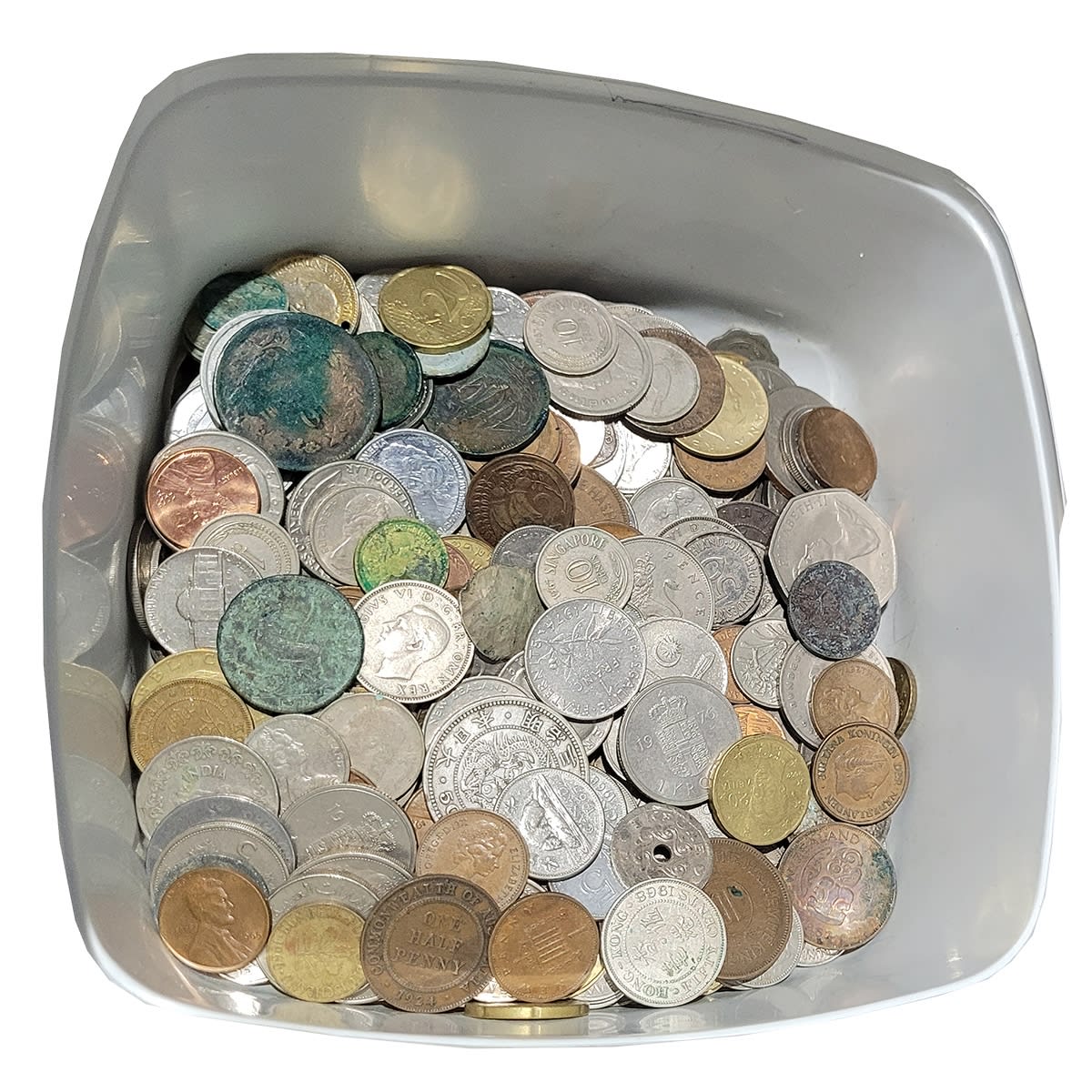 Numismatics. Large selection of international coins including some silver coins. New Zealand, Jordan, Singapore, United Kingdom, Euros, United States, Italy, China, Solomon Islands, Canada, Denmark, Germany, Fiji, Hong Kong, Netherlands, France, Ghana, Phillipines and more.