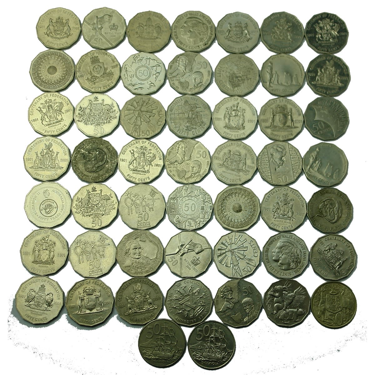 Numismatics. 51 x Australian (mostly) commemorative 50 cent coins, including a silver round 1966 coin.