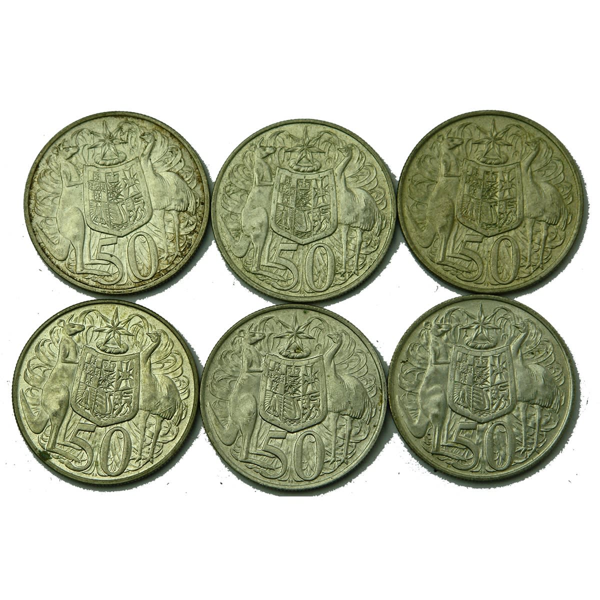 Numismatics. 6 x Australian round silver 50 cent coins.