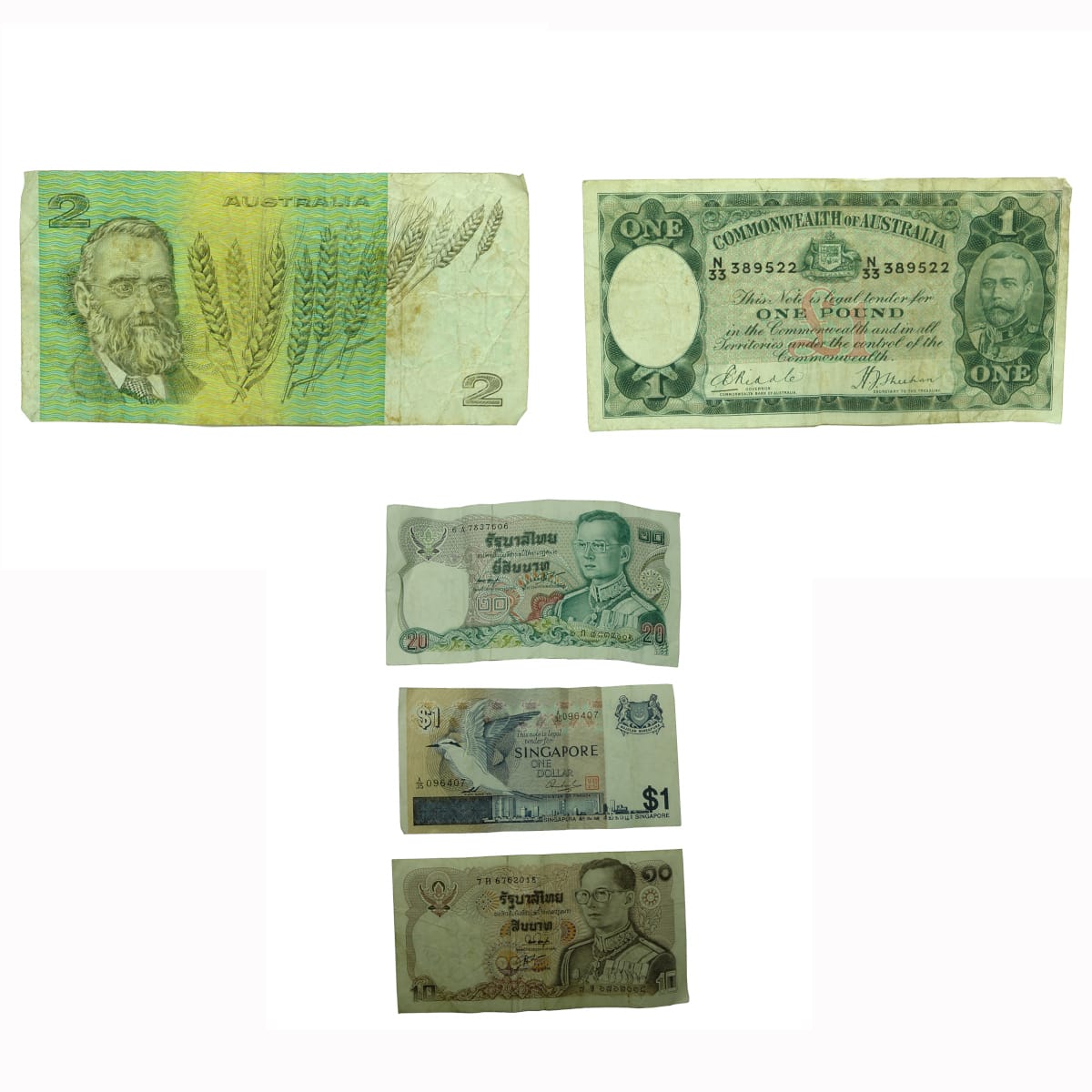 5 Bank Notes: $2 Note, Johnston, Fraser; One Pound Note, Riddle, Sheehan; Thailand 20 Baht; Singapore $1; Thailand 10 Baht.