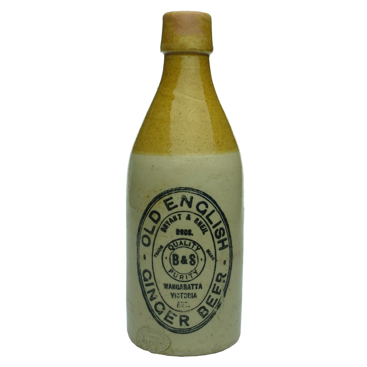 Ginger Beer. Bryant & Sheil, Buffalo Brewery, Wangaratta. Tan top. Champagne. Bendigo Pottery. (Victoria)