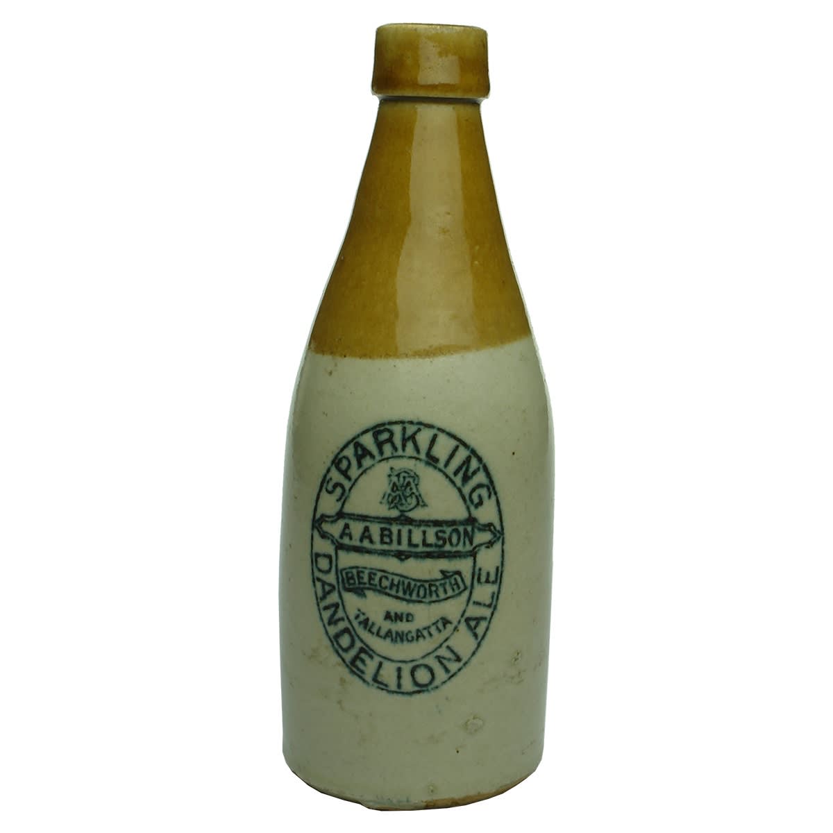 Ginger Beer. A. A. Billson, Beechworth & Tallangatta. Dandelion Ale. Champagne shape. Tan Top. Bendigo Pottery. (Victoria)
