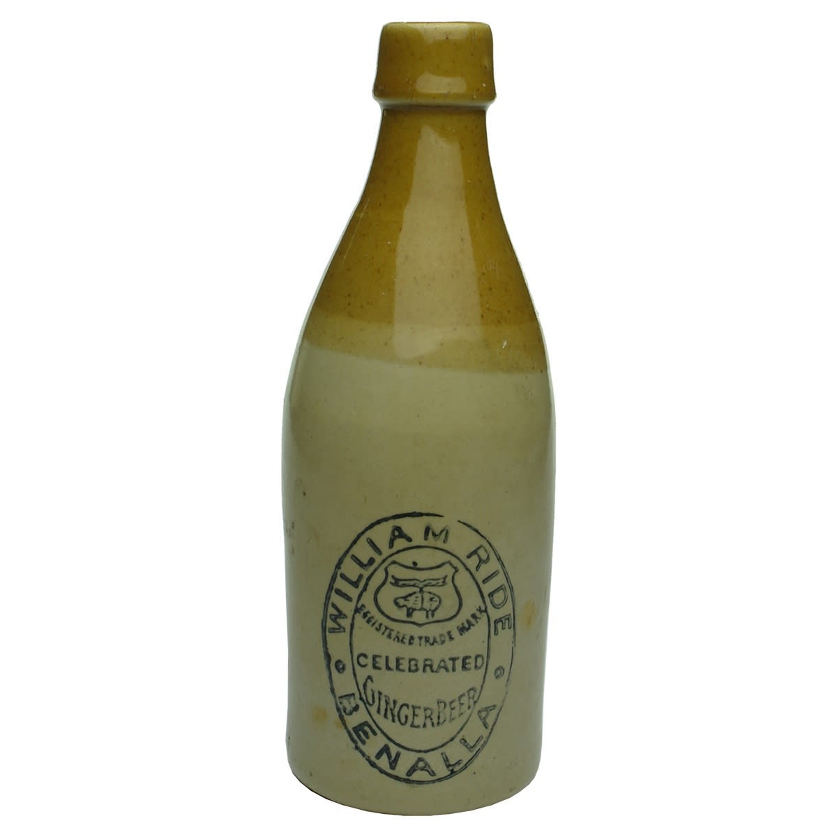 Ginger Beer. William Ride, Benalla. Hanging Sheep or Golden Fleece. CAP - Commonwealth Art Pottery. (Victoria)