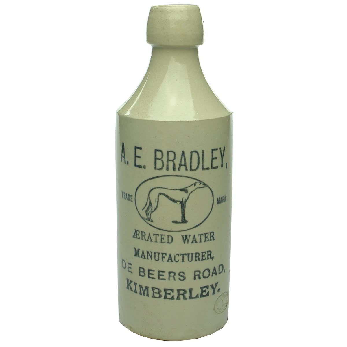 Ginger Beer. A. E. Bradley, Kimberley. Dog. Cork Stopper. Dump. All White. (South Africa)