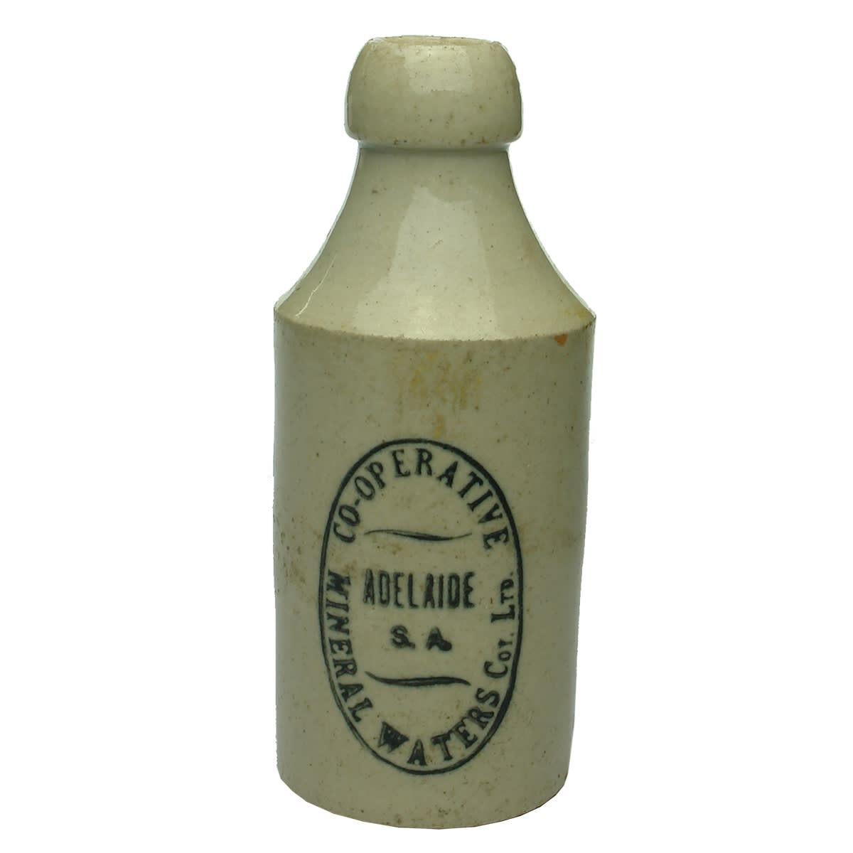 Ginger Beer. Co-operative Mineral Waters Coy Ltd, Adelaide. Bendigo Pottery. All White. Dump. (South Australia)