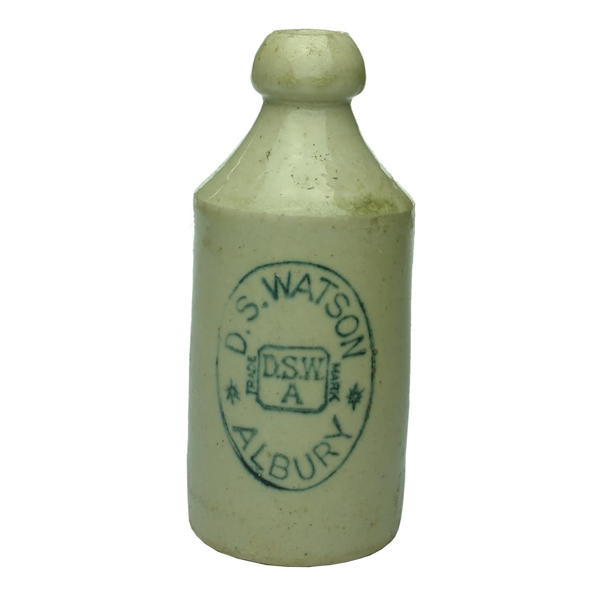 Ginger Beer. D. S. Watson, Albury. Bendigo Pottery. Dump. All White. 10 oz. (New South Wales)