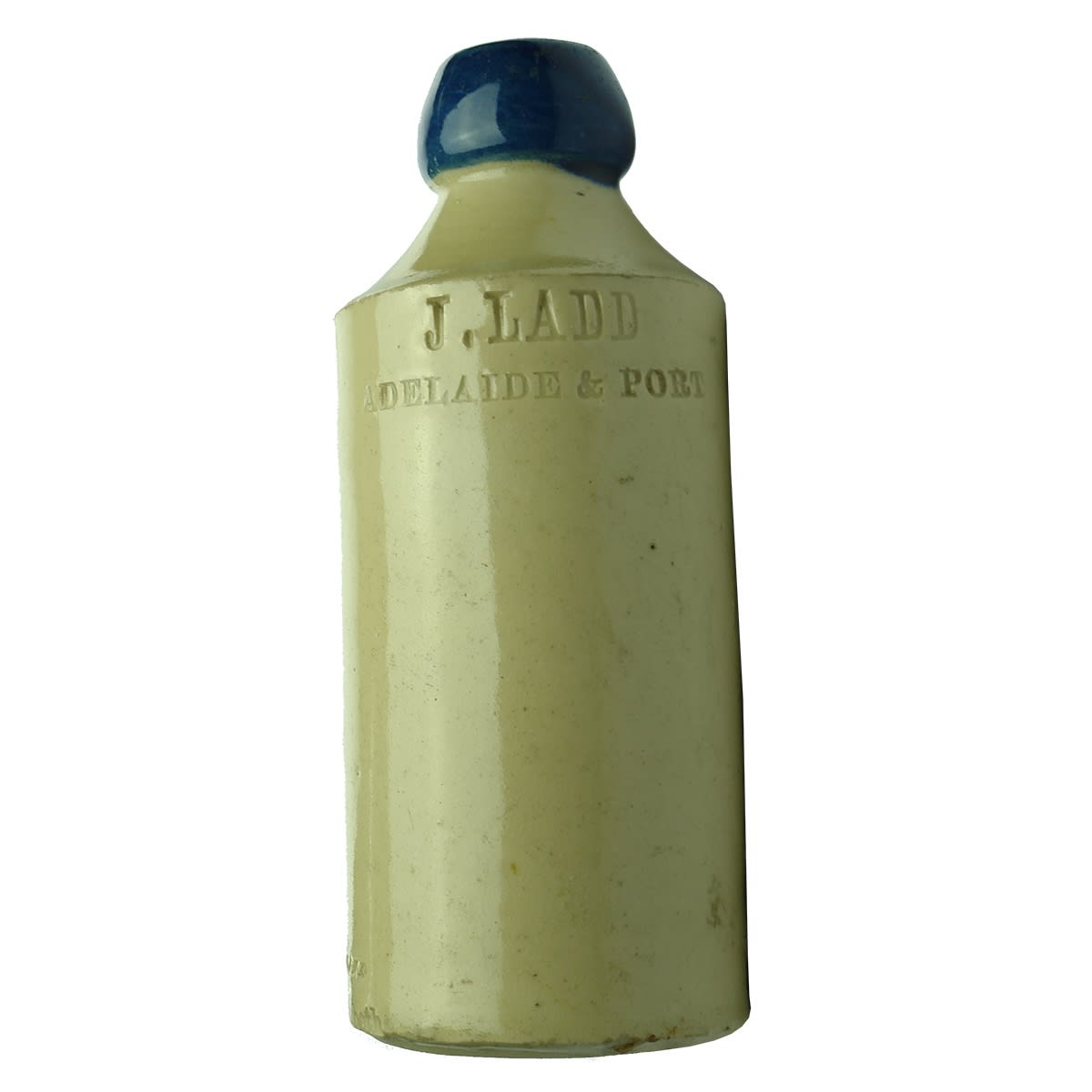 Ginger Beer. J. Ladd, Adelaide & Port. Doulton Lambeth. Impressed. Blue Lip. (South Australia)