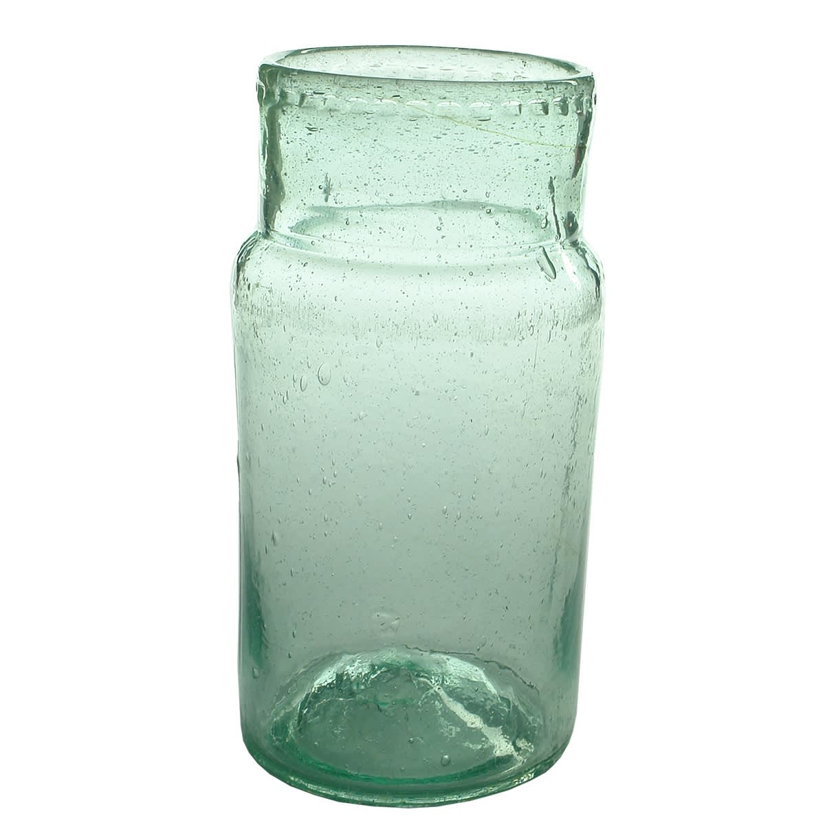 Goldfields Preserving Jar. Row of indents around the lip. 9 near base edge. Embossing to body has been removed from the mould. Tube pontil scar.