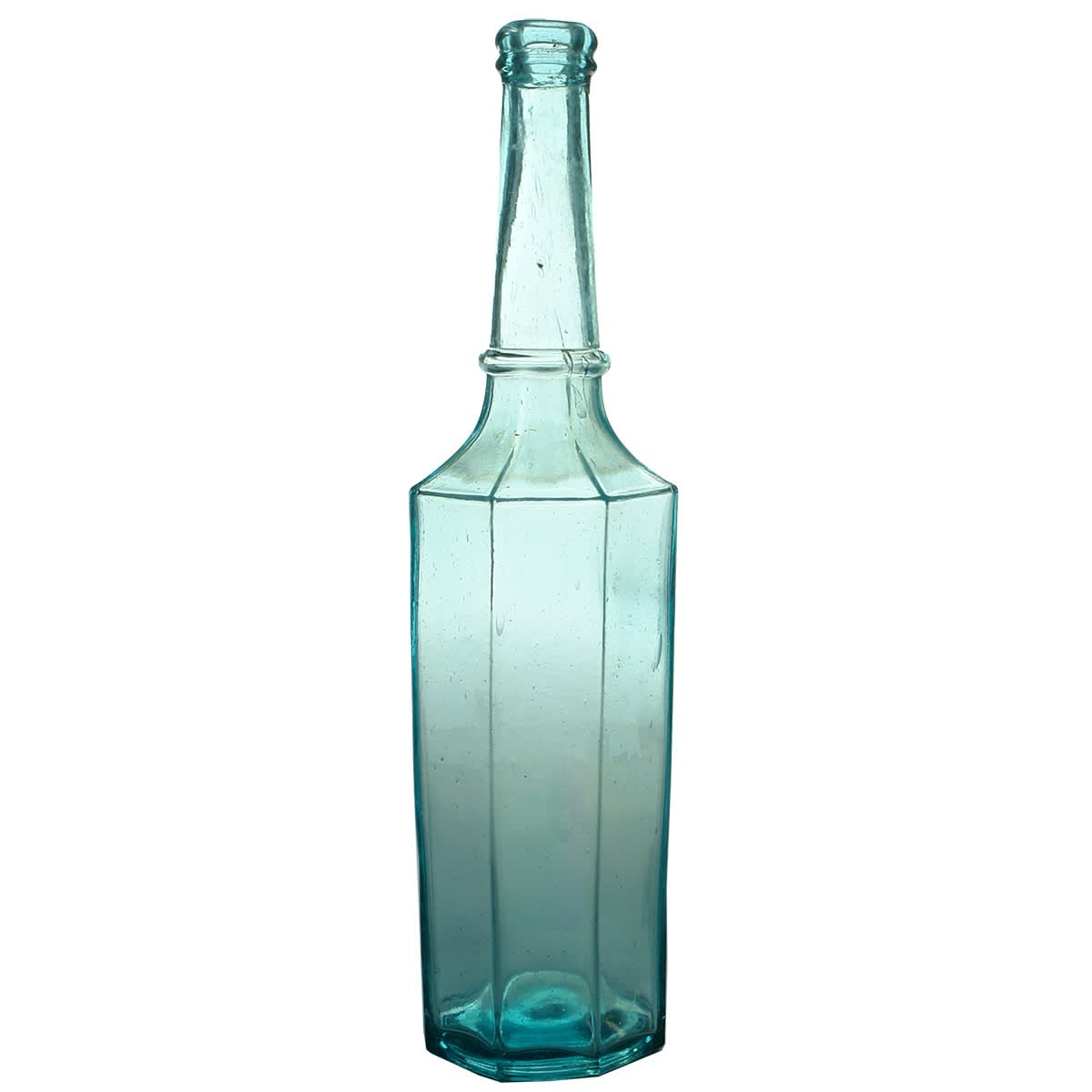 Goldfields Pepper Sauce. Octagonal. Ring in neck. Applied double collar top. Turquoise blue. 20 oz.