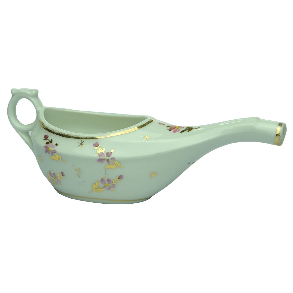 Invalid Feeder or Pap Feeder. Boat style with facetted top. Pink & Yellow flowers with Gold highlights. W. T in a Diamond impressed to base.