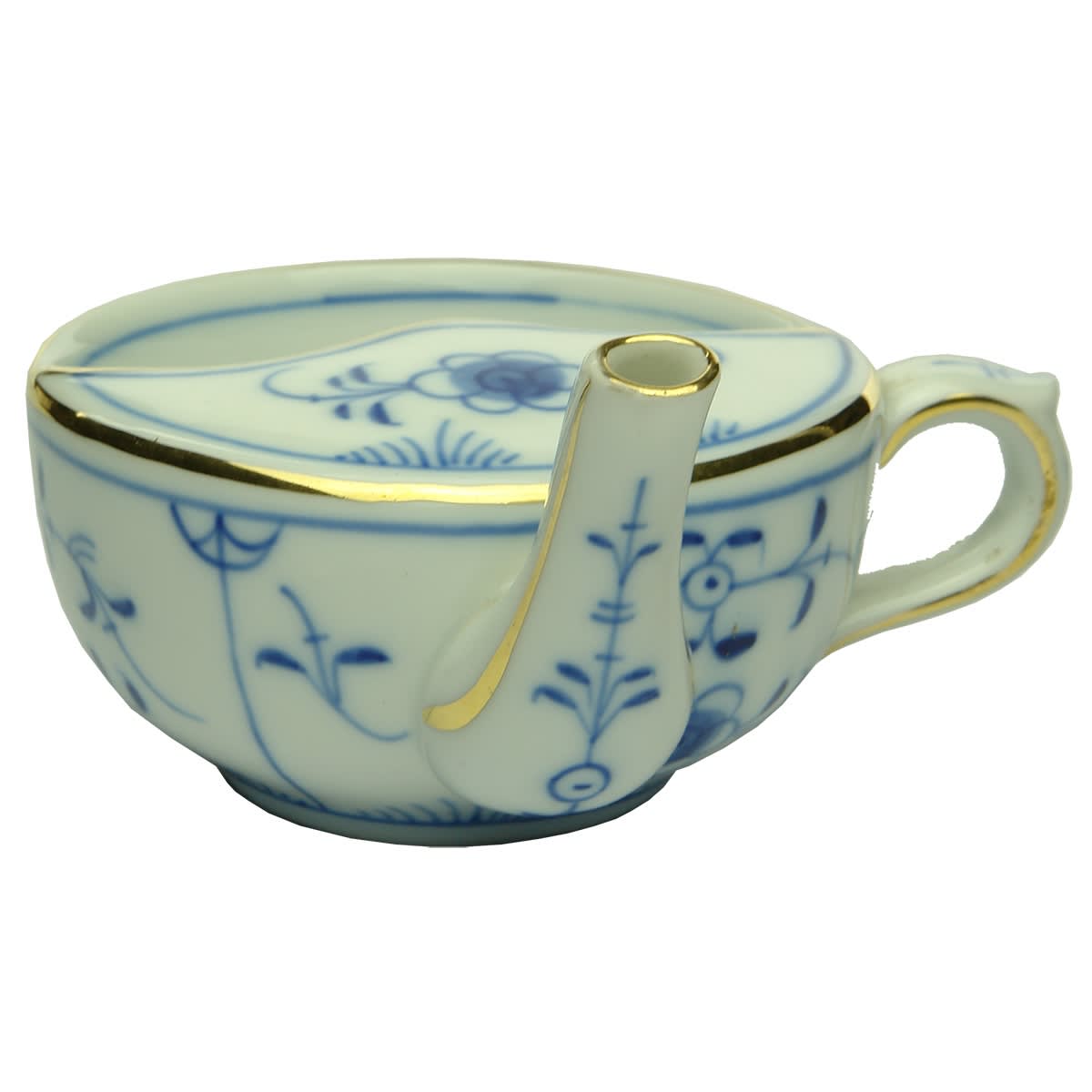 Invalid Feeder or Pap Feeder. Cup style with pouring spout. Blue & White pattern. Gold borders. MAW to base.