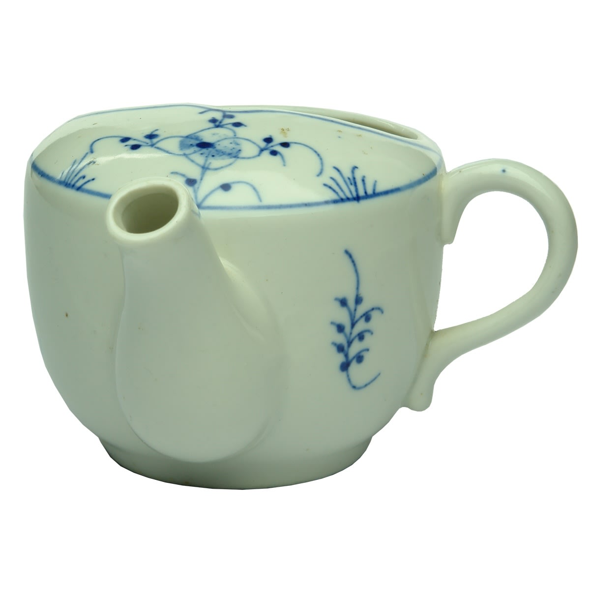 Invalid Feeder or Pap Feeder. Cup style with pouring spout. Simple Blue & White pattern. 114 impressed to base.