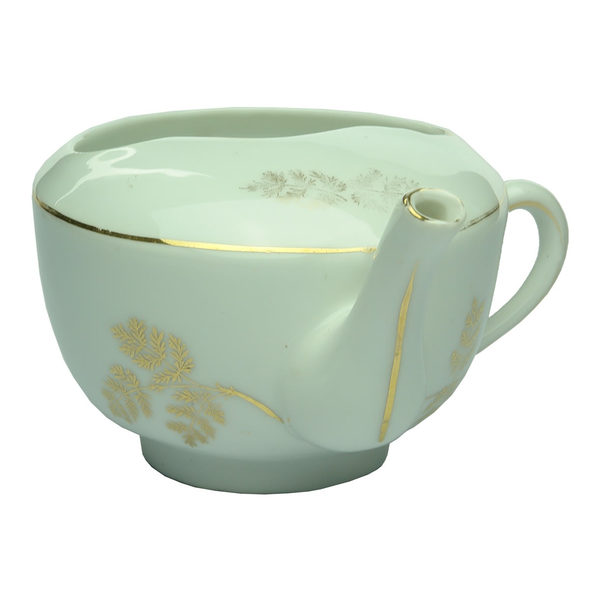 Invalid Feeder or Pap Feeder. Cup style. Gold trim and gold fern leaf type patterns. 302 on base.