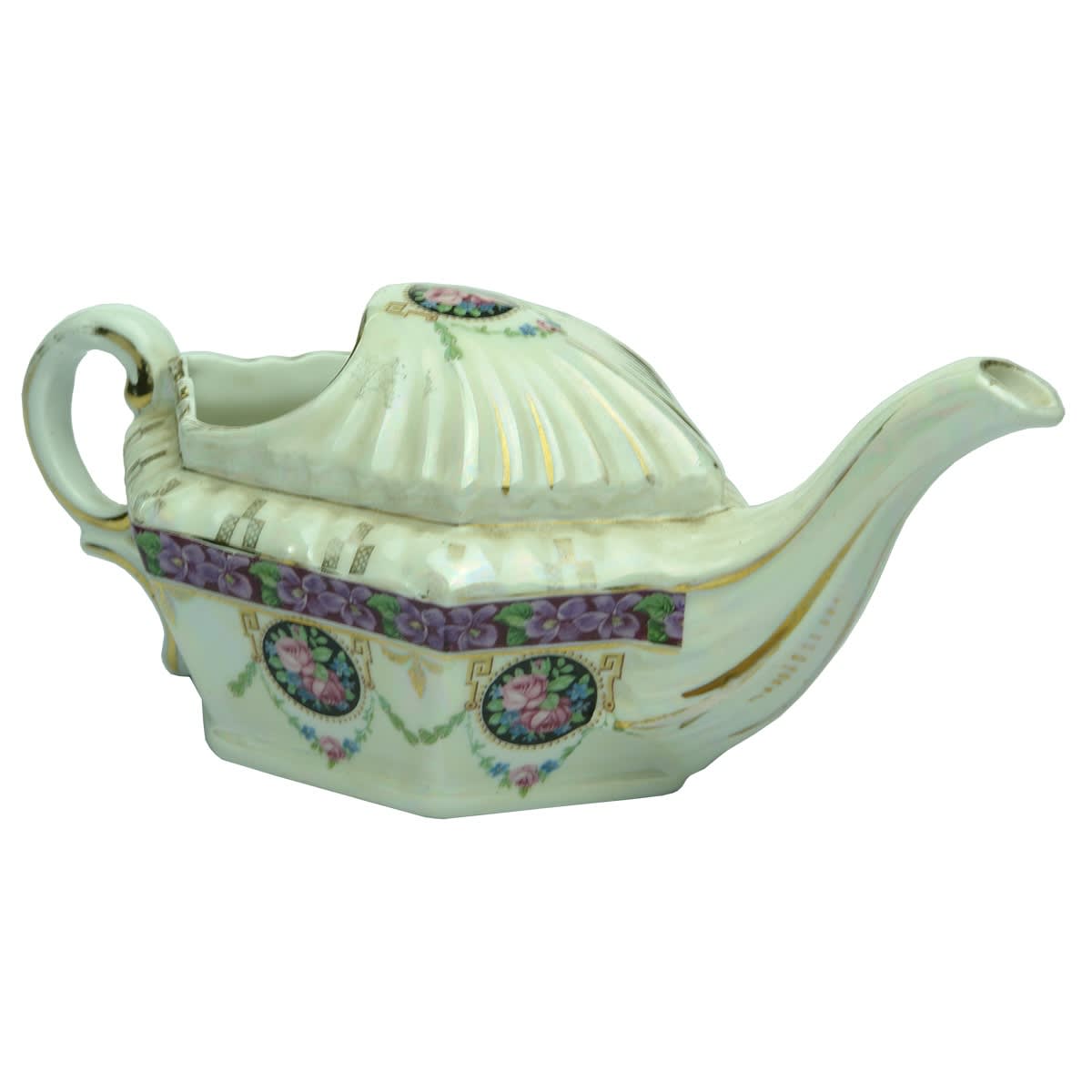 Invalid Feeder or Pap Feeder. Fancy hexagonal boat shape. Highly decorated multi coloured patterns and gold highlights and trim.