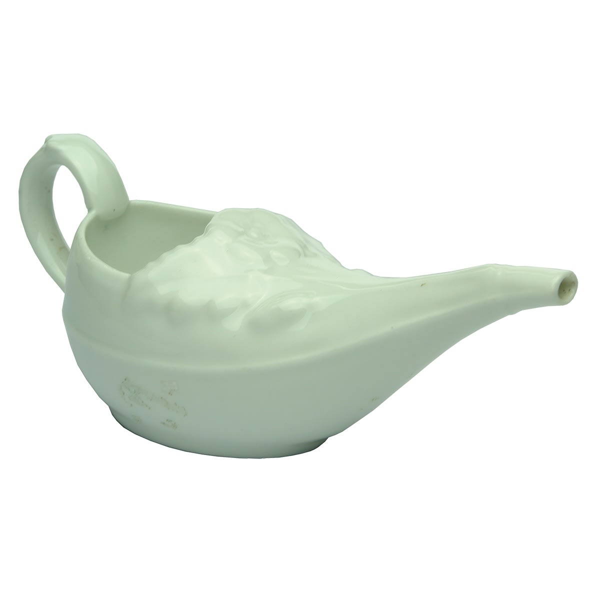 Invalid Feeder or Pap Feeder. Fancy moulded plain white boat shape. Moulded flower decoration.