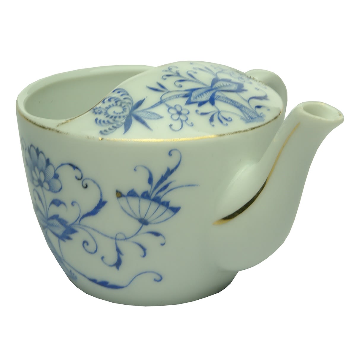 Invalid Feeder or Pap Feeder. Small cup shape. Blue & White decoration. Gold trim. 2076 to base.