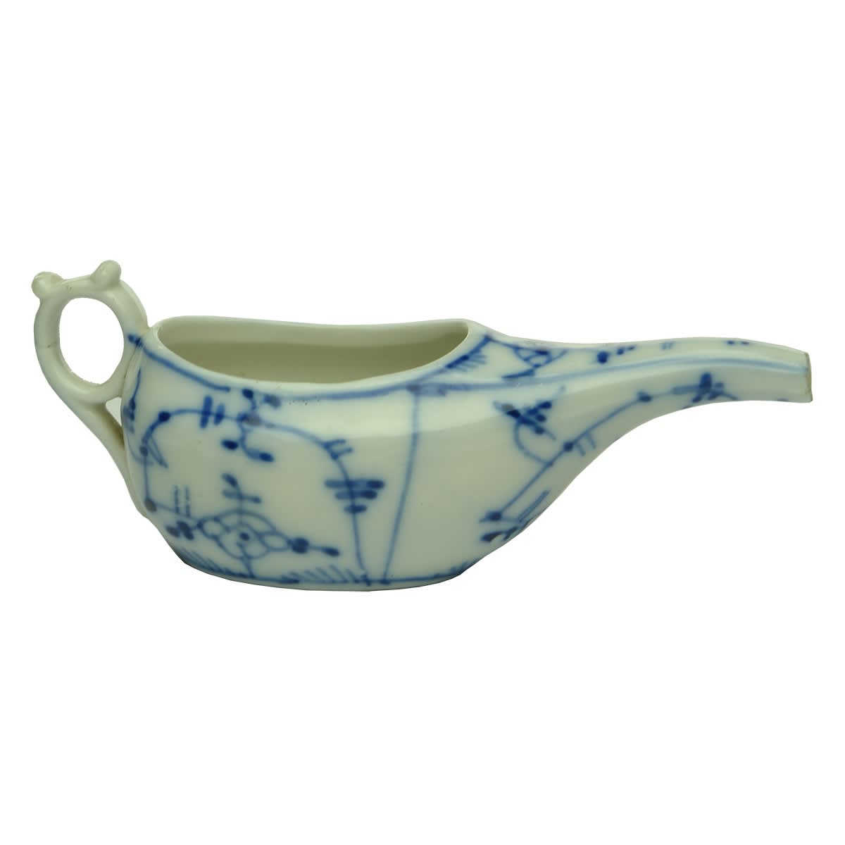 Invalid Feeder or Pap Feeder. Thin boat style. Blue & White pattern.