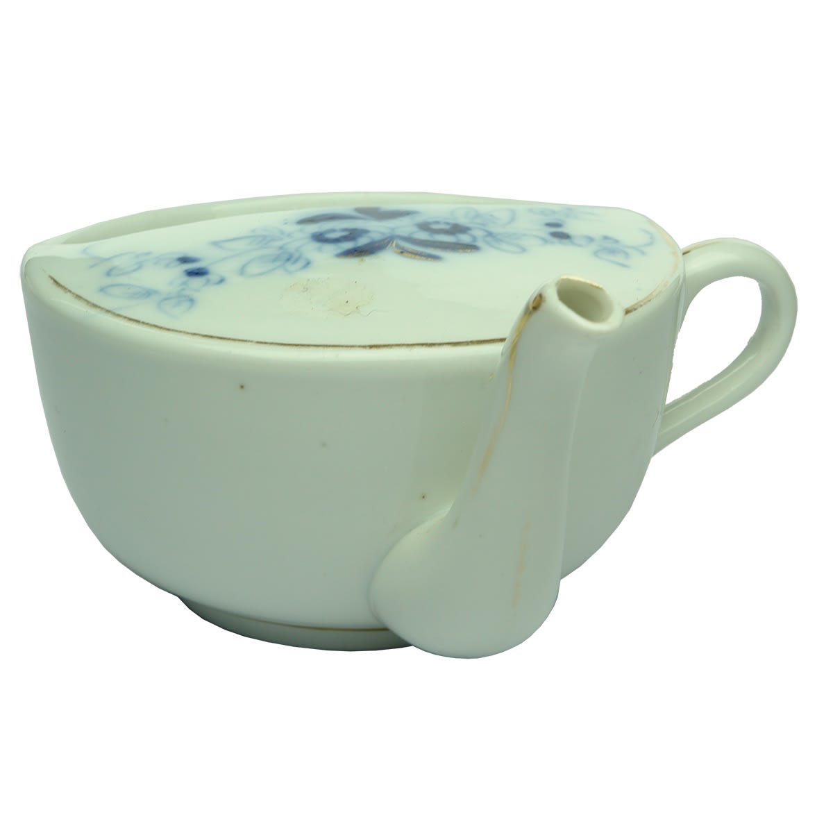 Invalid Feeder or Pap Feeder. Wide cup style. Blue pattern across the top. Gold leaf borders.