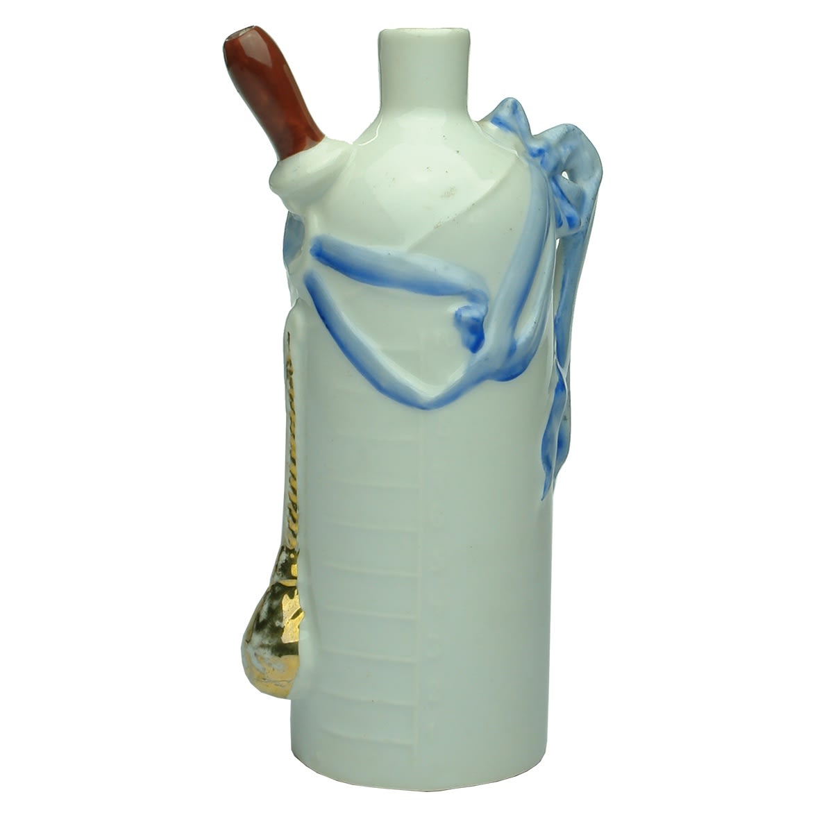 Baby Feeder. Upright ceramic with brown glazed feeding tube to front. Measurements moulded to side. Handle is a blue ribbon. Gold front like a thermometer.