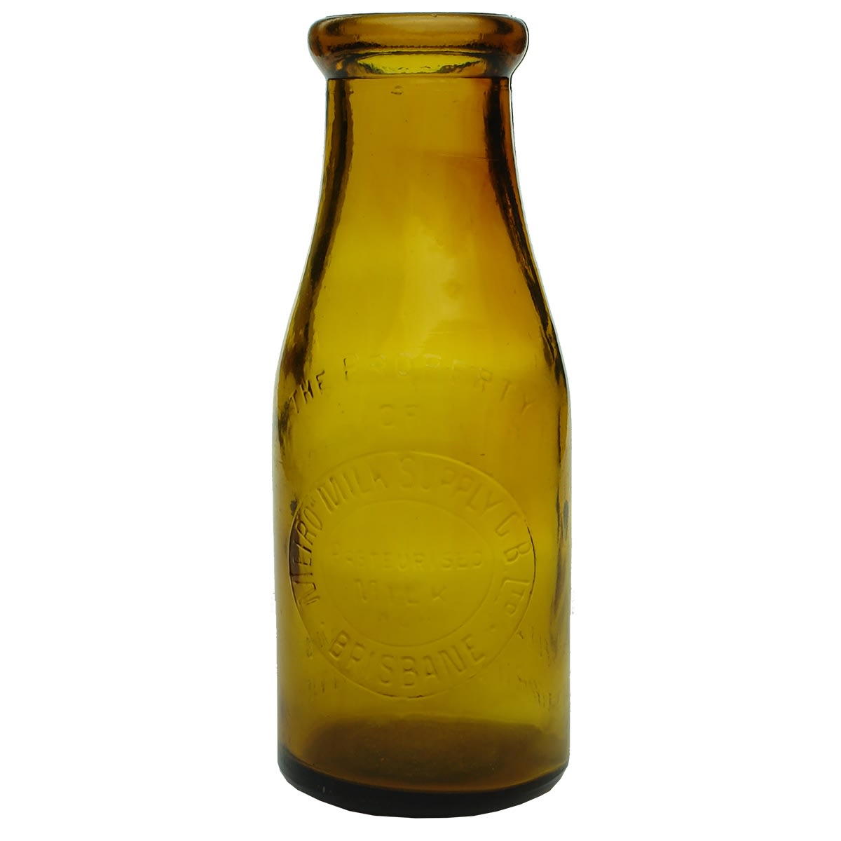 Milk Bottle. Metro Milk Supply C. B. Ltd. Brisbane. Amber. Pint. (Queensland)