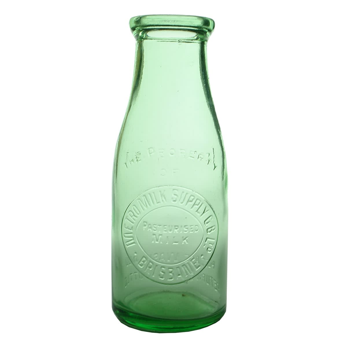 Milk Bottle. Metro Milk Supply C. B. Ltd. Brisbane. Lime Green. Pint. (Queensland)