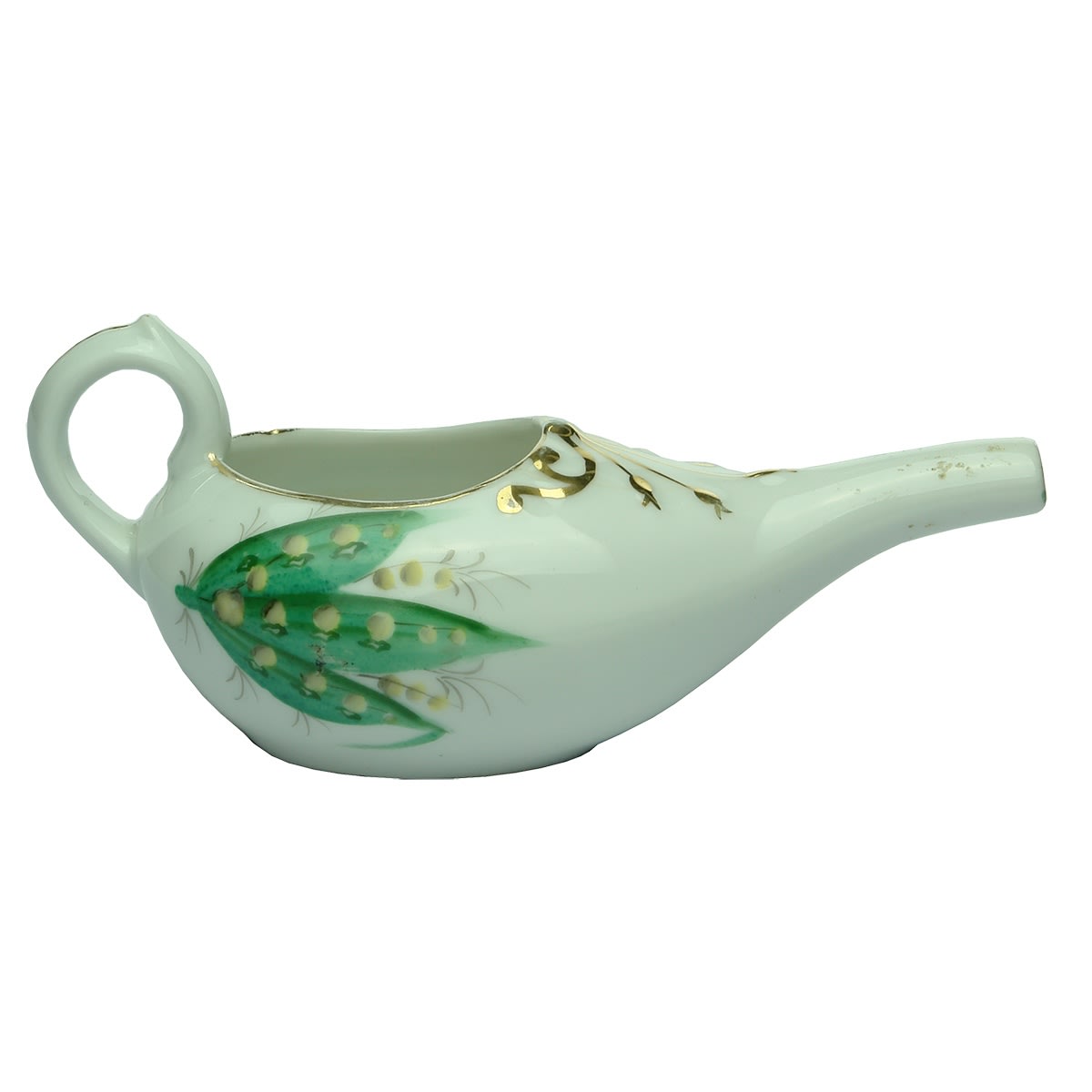 Invalid Feeder or Pap Feeder. Boat shape with Coloured and Gold Decoration.