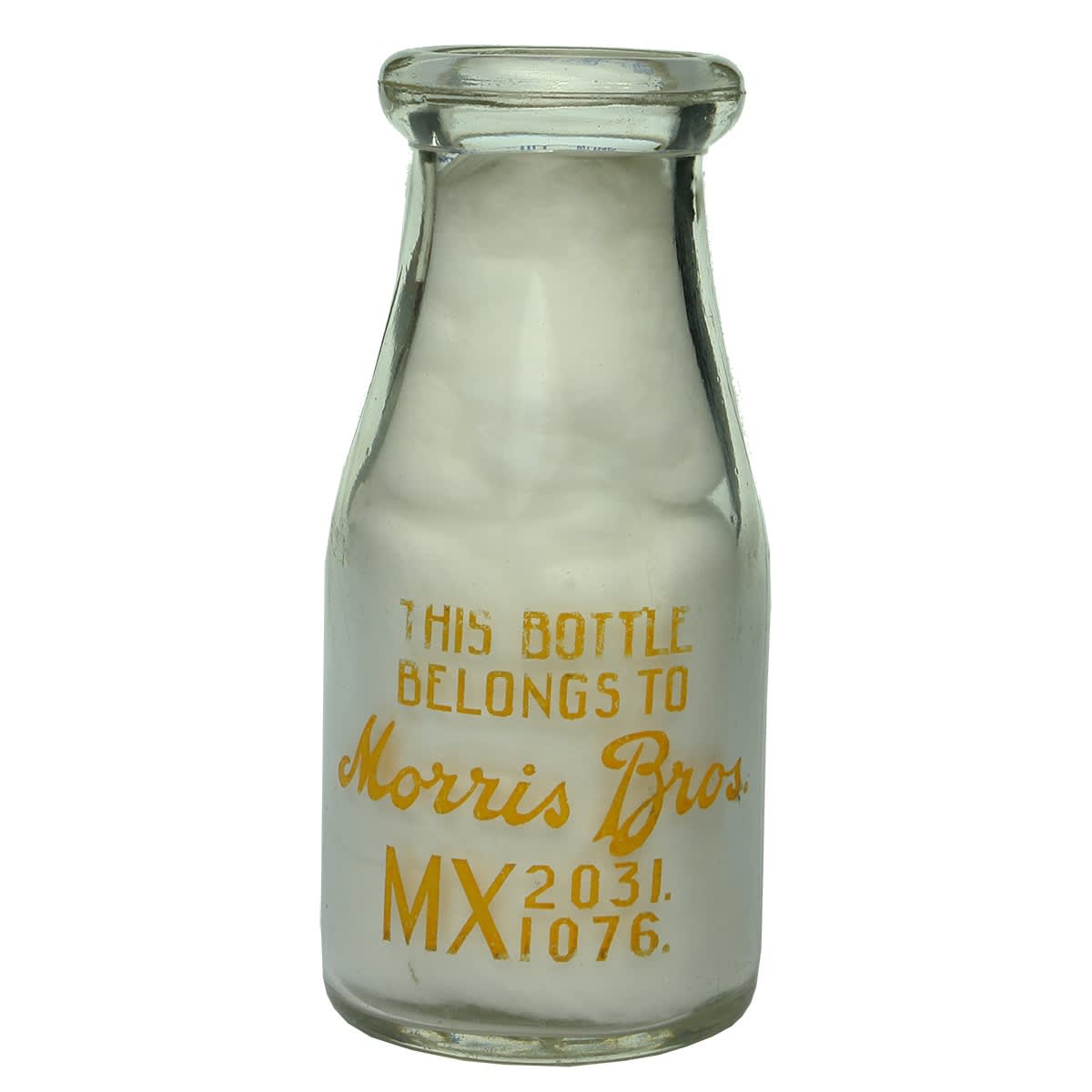 Ceramic Label Milk. Morris Bros. Embossed: Special Pasteurised Safe Milk. Base: 37. Half Pint. (Victoria)