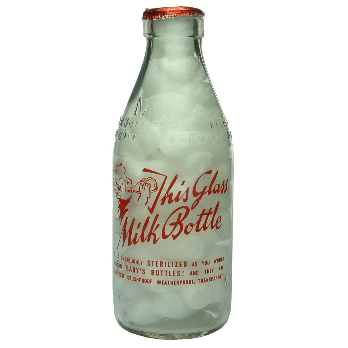 Ceramic Label Advertising Milk. This glass milk bottle. Drink Milk for Health, in a bottle for safety. Milk Bottles Recovery Ltd. Pint (Victoria)