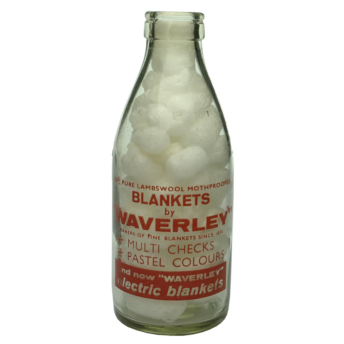 Ceramic Label Advertising Milk. United Dairymen, Blankets by "Waverley". Red Print. 1 Pint. (South Australia)
