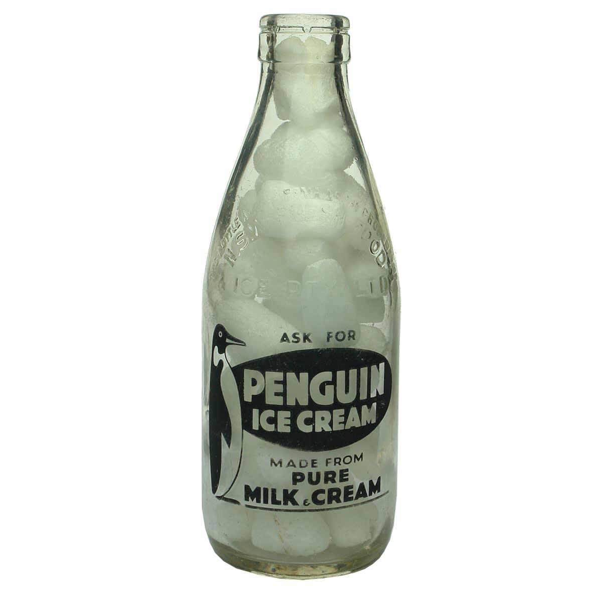 Ceramic Label Advertising Milk. Ask For Penguin Ice Cream. NSW Fresh Food & Ice Co Ltd. Pint. (New South Wales)
