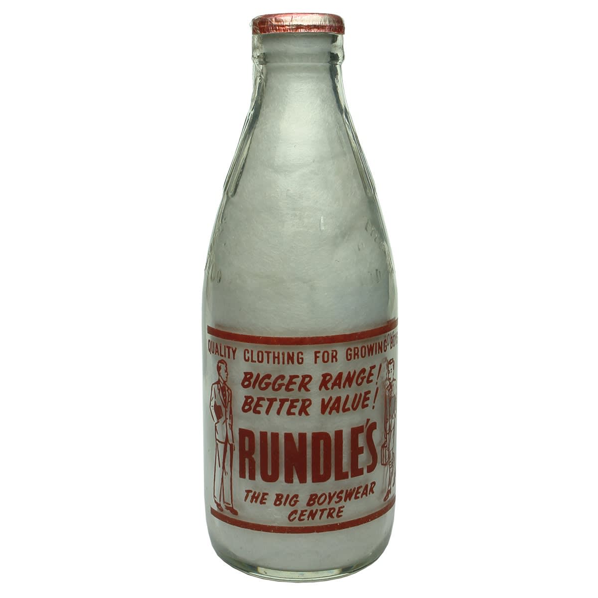 Ceramic Label Advertising Milk. Rundle's the big Boyswear centre. Dairy Farmers. Pint. (New South Wales)