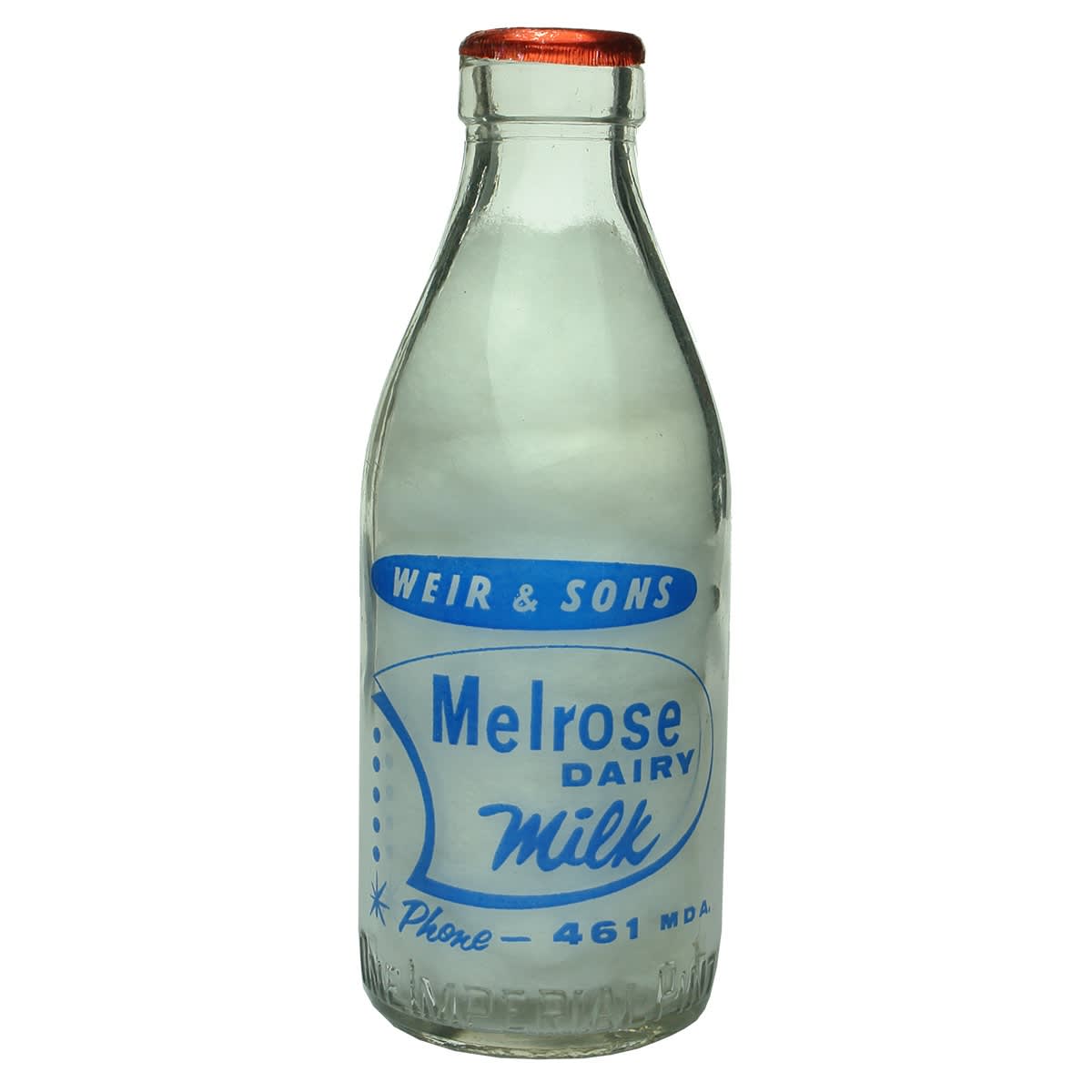 Ceramic Label Milk. Weir & Sons Melrose Dairy, (Mildura). Blue Print. 1 Pint. (Victoria)