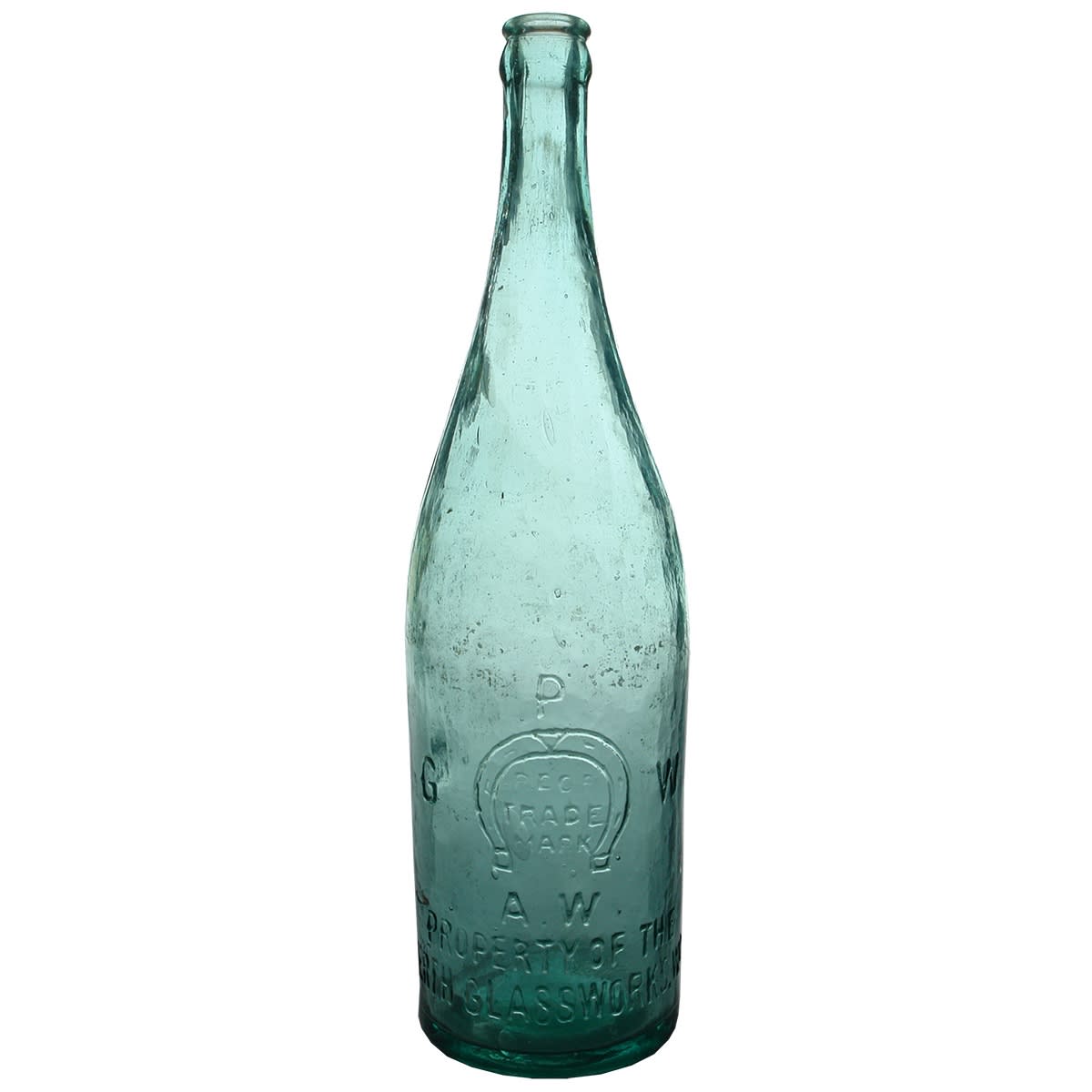 Beer. Perth Glassworks in Open Badge with A. W below Horseshoe. X base mark. Crown Seal. Aqua. 26 oz. (Western Australia)
