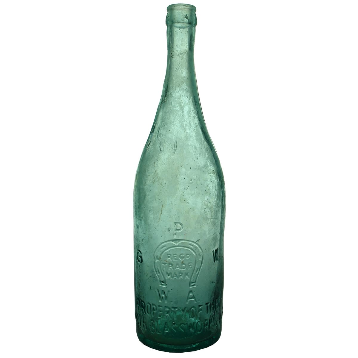 Beer. Perth Glassworks in Open Badge, W. A. below Horseshoe. No base mark. Crown Seal. Aqua. 26 oz. (Western Australia)