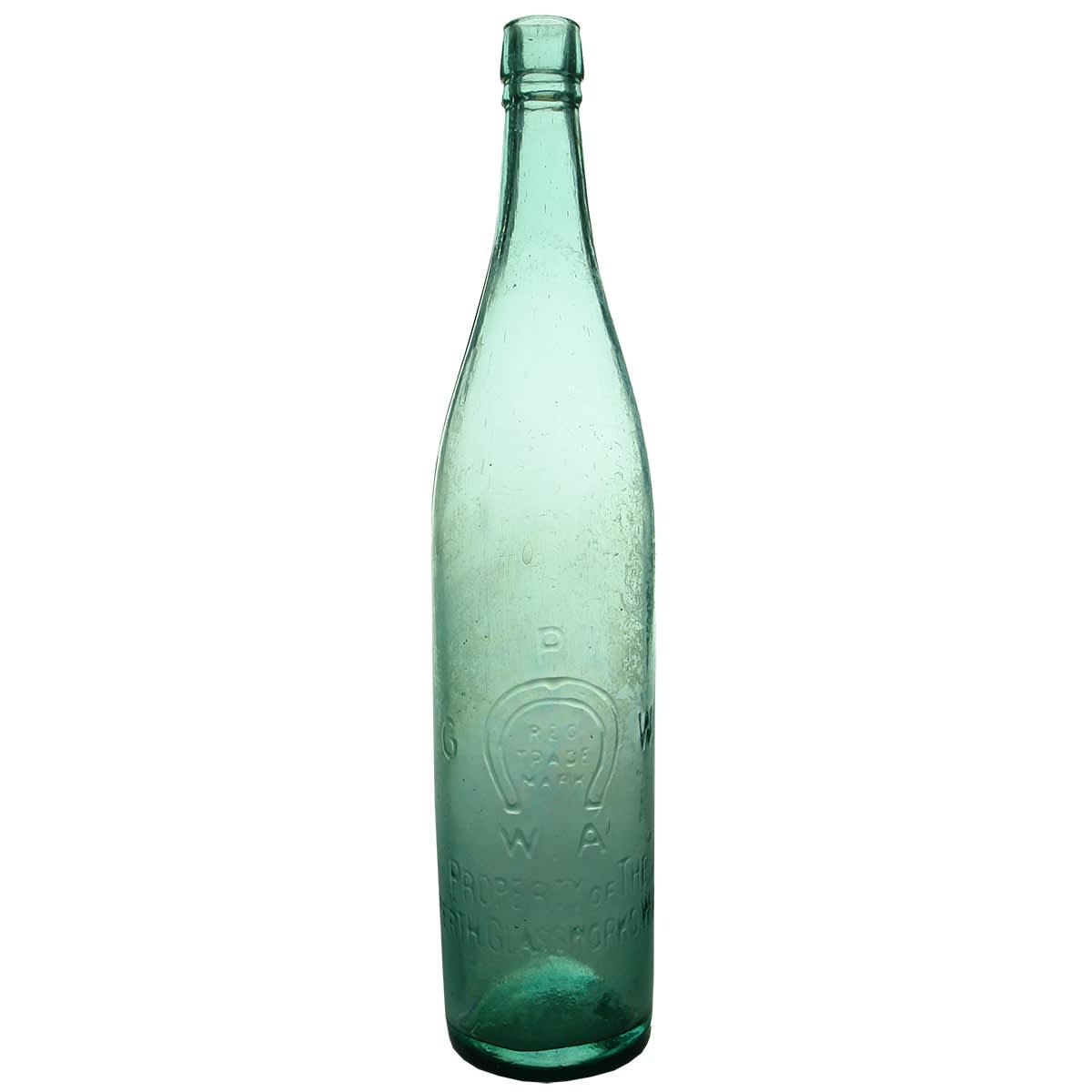 Beer. Perth Glassworks in Open Badge with W. A below Horseshoe. No base mark. Tall Pilsener Shape. Cork Stopper. Aqua. 26 oz. (Western Australia)