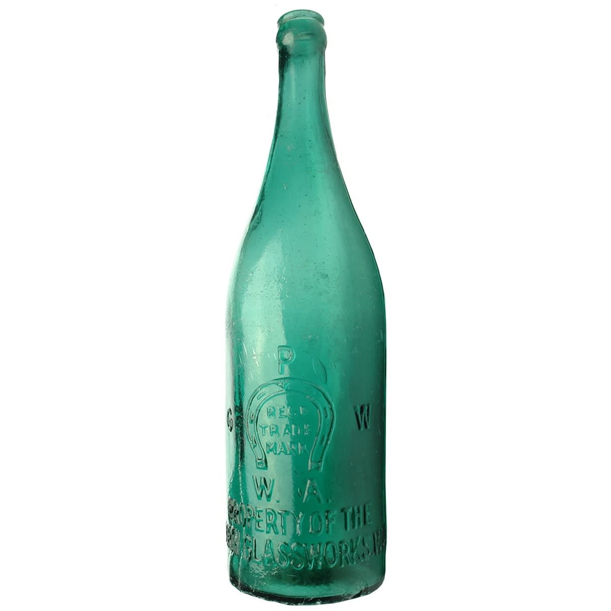 Beer. Perth Glassworks in Open Badge, W. A. below Horseshoe. R. C. removed from mould to rear. No base mark. Crown Seal. Dark Blue-Green. 26 oz. (Western Australia)
