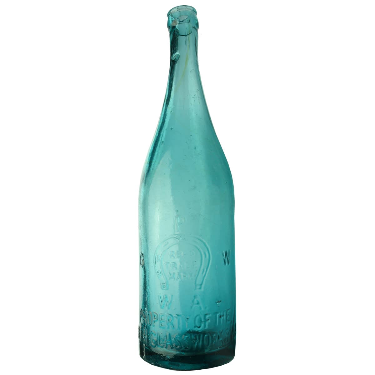 Beer. Perth Glassworks in Open Badge, W. A. below Horseshoe. No base mark. Crown Seal. Lovely Blue Green Colour. 26 oz. (Western Australia)