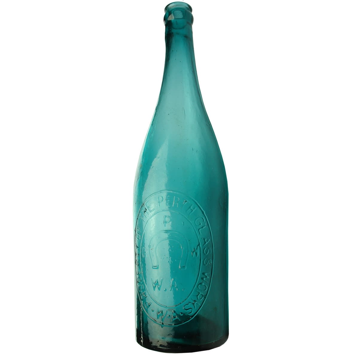 Beer. Perth Glassworks in Oval Badge. B Base Mark. Crown Seal. Deep Blue-Green. 26 oz. (Western Australia)