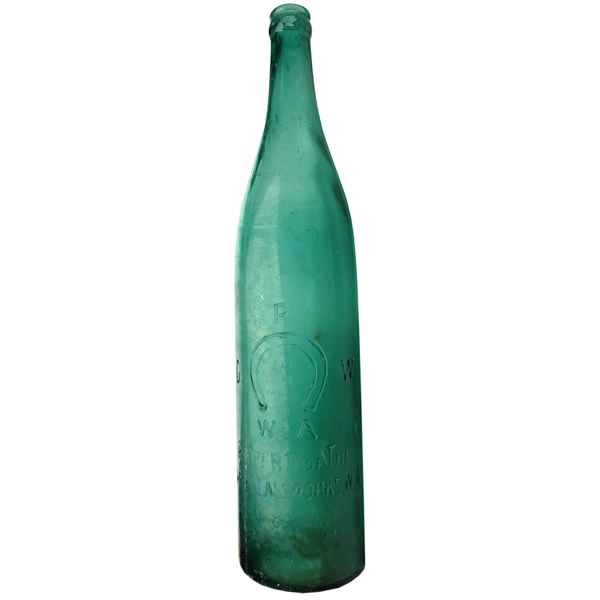 Beer. Perth Glassworks in Open Badge with W. A below Horseshoe. No base mark. Tall Pilsener Shape. Crown Seal. Recycled Deep Blue-Green. 26 oz. (Western Australia)