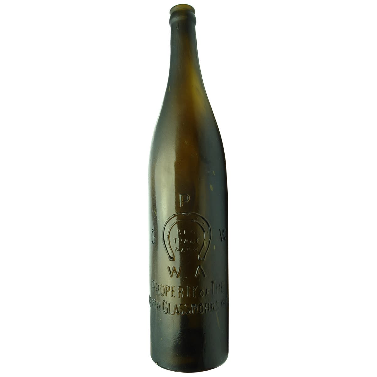 Beer. Perth Glassworks in Open Badge with W. A below Horseshoe. No base mark. Tall Pilsener Shape. Crown Seal. Dark Olive Amber. 26 oz. (Western Australia)