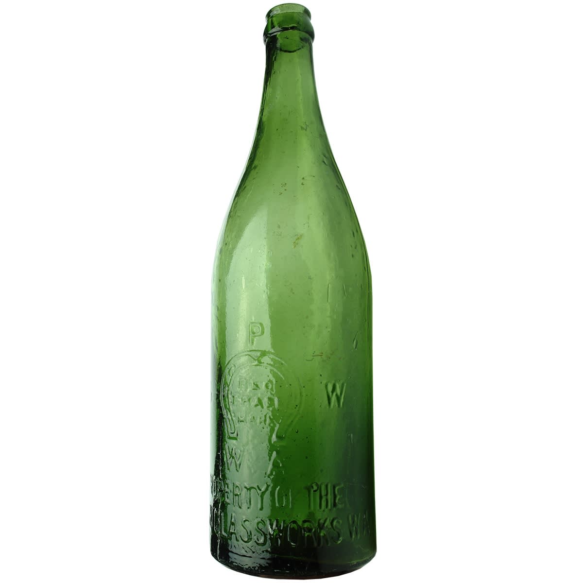 Beer. Perth Glassworks in Open Badge, W. A. below Horseshoe. No base mark. Crown Seal. Dark Green. 26 oz. (Western Australia)