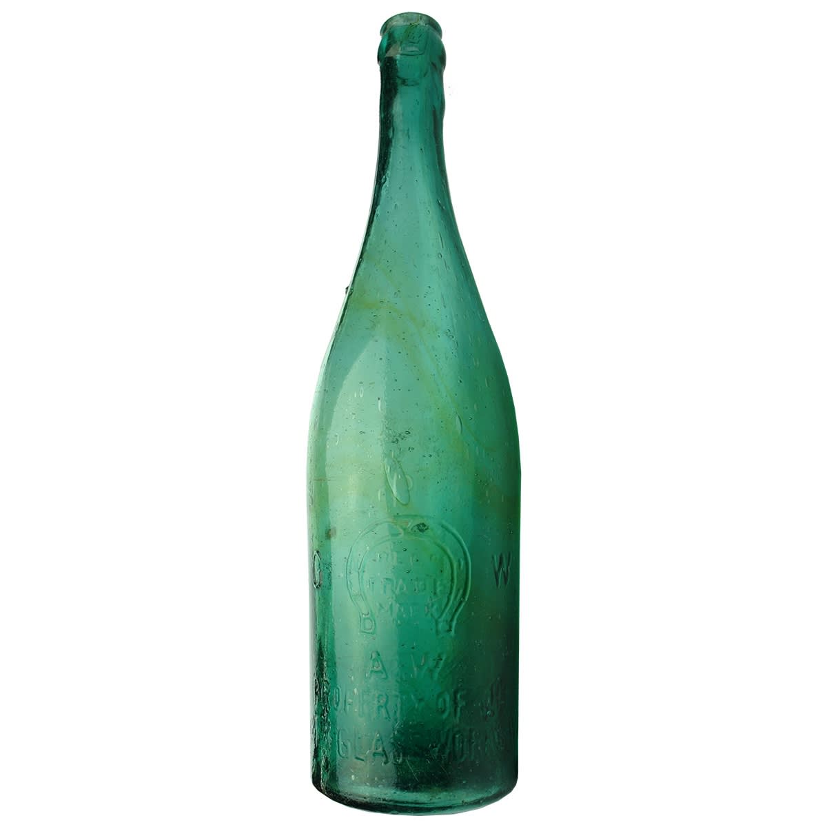 Beer. Perth Glassworks in Open Badge with R. C. to rear, A. W below Horseshoe. X base mark. Crown Seal. Green with Blue Tinge and brown streaks. 26 oz. (Western Australia)