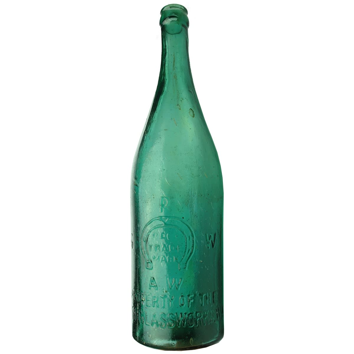 Beer. Perth Glassworks in Open Badge with R. C. to rear, A. W below Horseshoe. X base mark. Crown Seal. Green with Minor Blue Tinge. 26 oz. (Redcastle Brewery, Western Australia)
