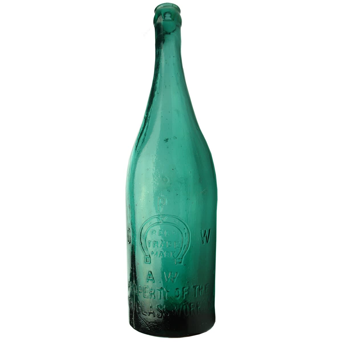 Beer. Perth Glassworks in Open Badge with R. C. to rear, A. W below Horseshoe. X base mark. Crown Seal. Green with Blue Tinge. 26 oz. (Redcastle Brewery, Western Australia)