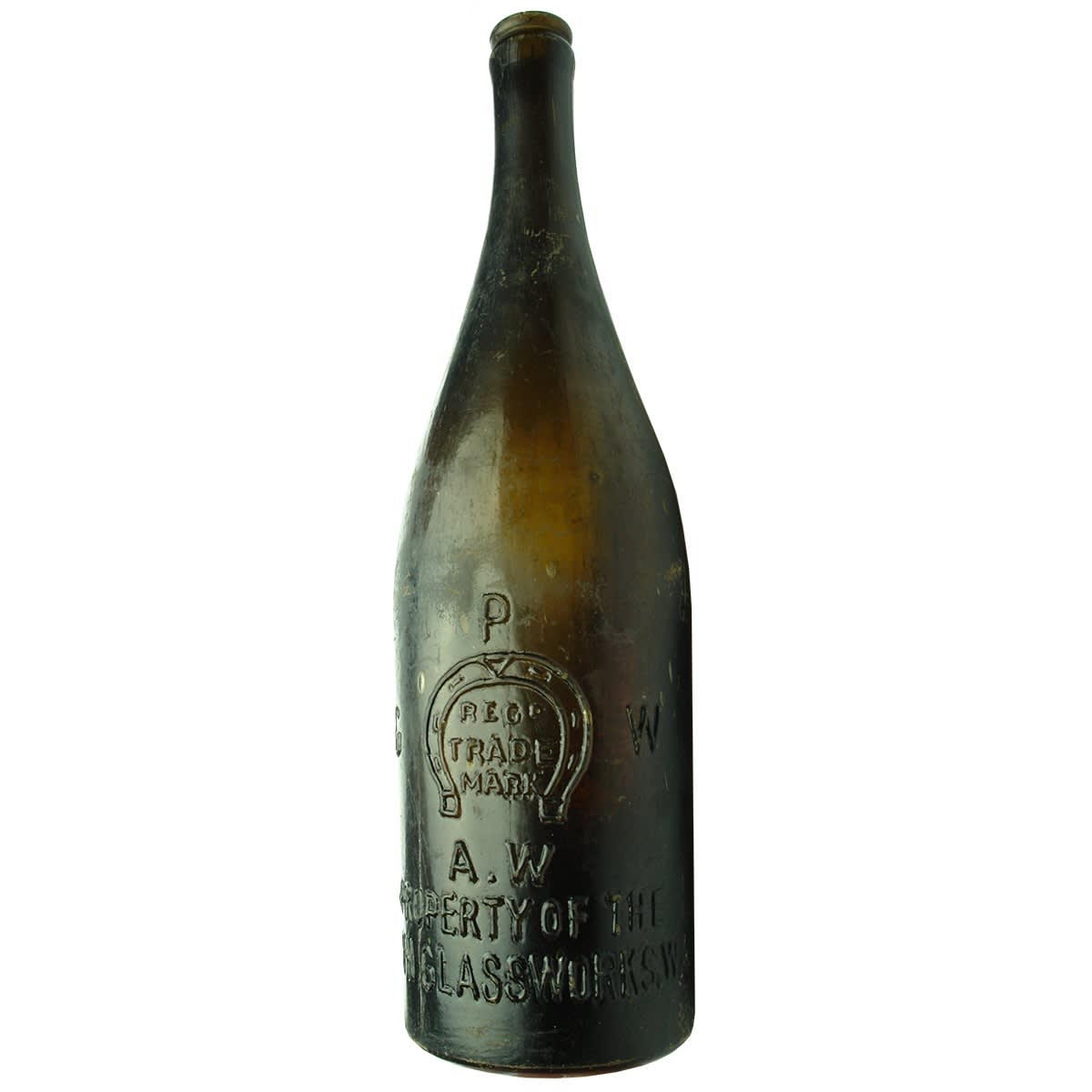 Beer. Perth Glassworks in Open Badge with R. C. to rear, A. W below Horseshoe. No base mark. Crown Seal. Very Dark Amber. 26 oz. (Redcastle Brewery, Western Australia)