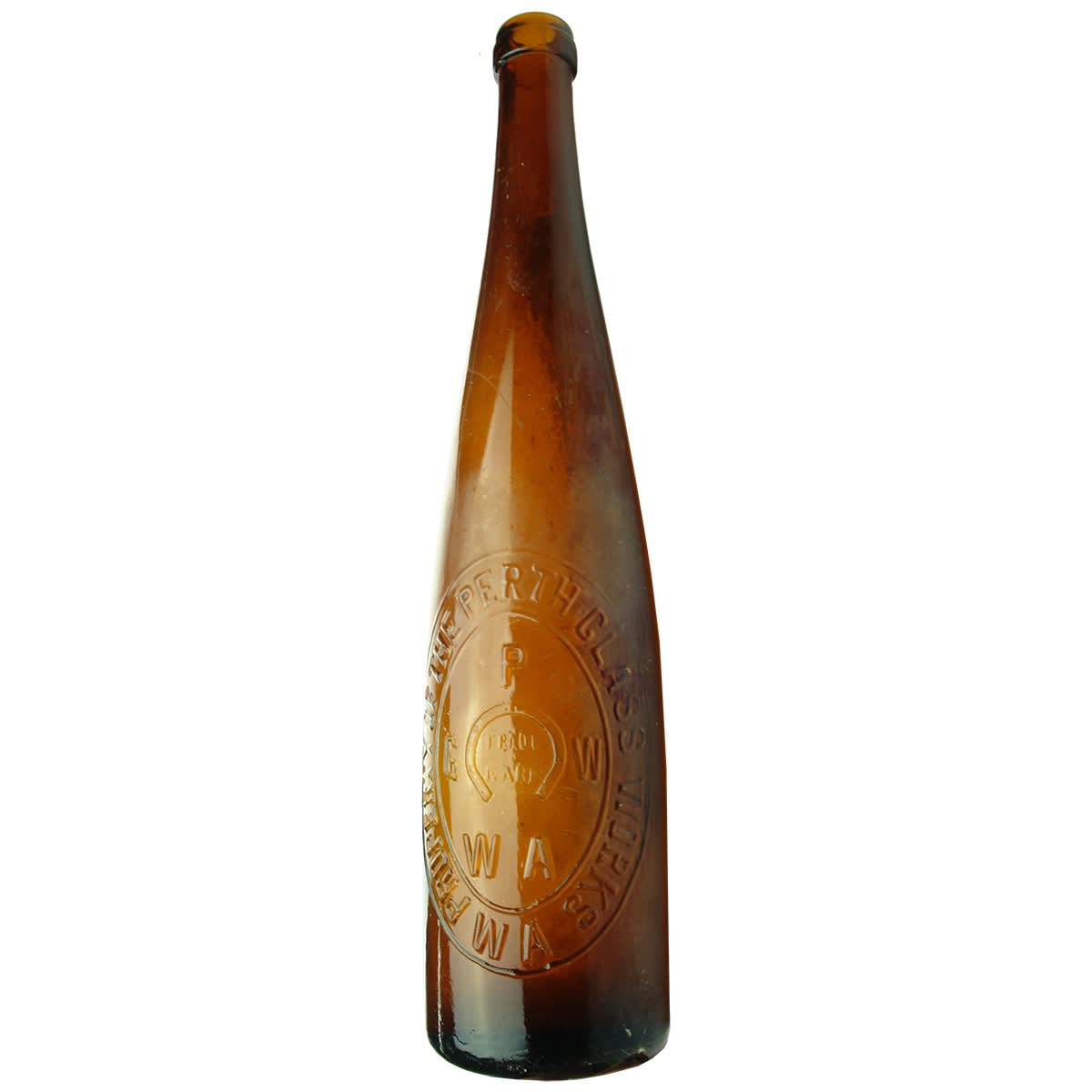 Wine. Perth Glassworks in Oval Badge. Ring Seal. Hock Shape. Amber. 26 oz. (Western Australia)