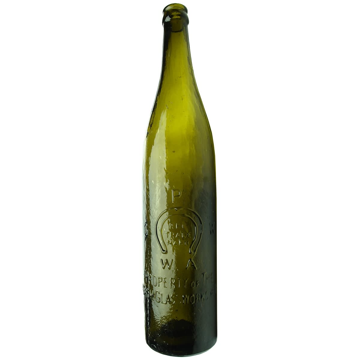 Beer. Perth Glassworks in Open Badge with W. A below Horseshoe. No base mark. Tall Pilsener Shape. Crown Seal. Dark Olive Green. 26 oz. (Western Australia)