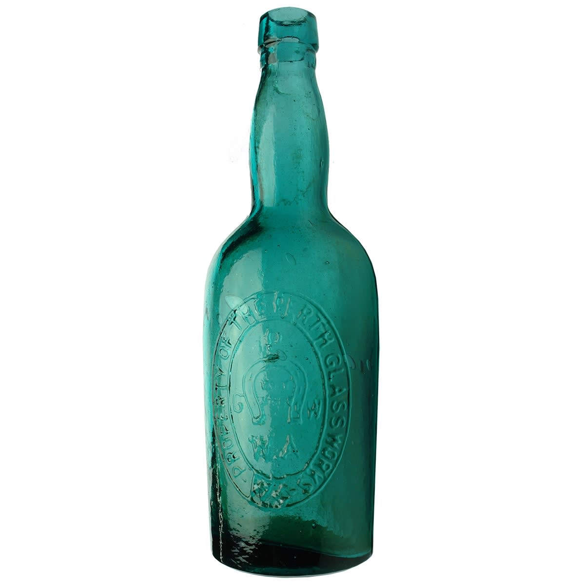 Wine or Spirits. Perth Glassworks in Oval Badge. Recycled Deep Blue-Green. 26 oz. (Western Australia)